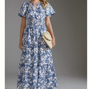 Anthropologie Blue and White Floral Maxi Dress